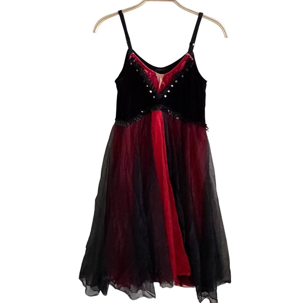 Dansco Black Red Velvet Mesh Tutu Dance Costume Dress Rhinestone Sequin Large LA